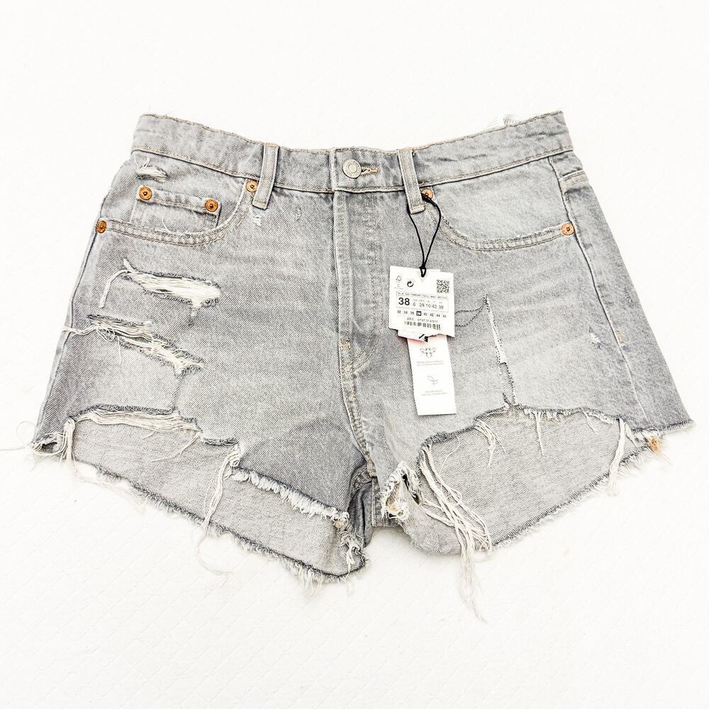 Zara Gray Wash High-Rise Denim Jeans Raw Hem Ripped Cutoff Size 06 NWT